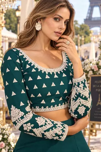 Teal-Blue net semi stitched lehenga choli with sequence & thread work