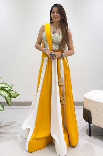 Yellow&White Rayon Readymade Navratri Lehenga Choli with Embroidery & Mirror Work