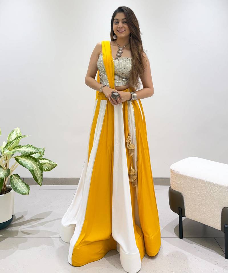 Yellow&White Rayon Readymade Navratri Lehenga Choli with Embroidery & Mirror Work