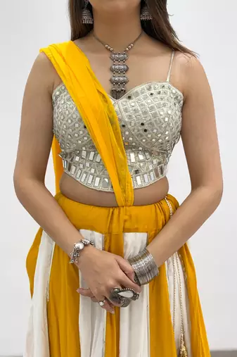 Yellow&White Rayon Readymade Navratri Lehenga Choli with Embroidery & Mirror Work