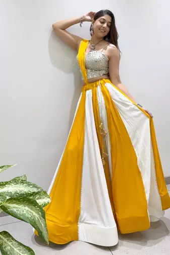 Yellow&White Rayon Readymade Navratri Lehenga Choli with Embroidery & Mirror Work
