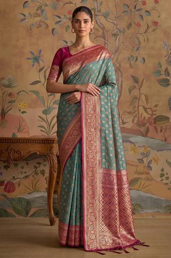 green silk blend saree print veving wear saree