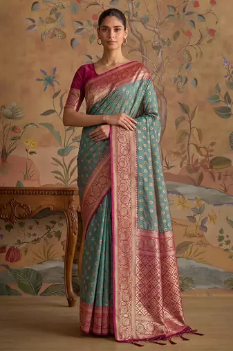 green silk blend saree print veving wear saree