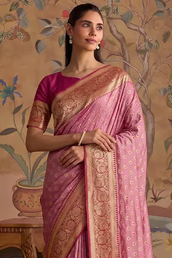pink silk blend saree print veving wear saree