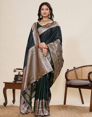 dark green zari work satin saree with blouse 1