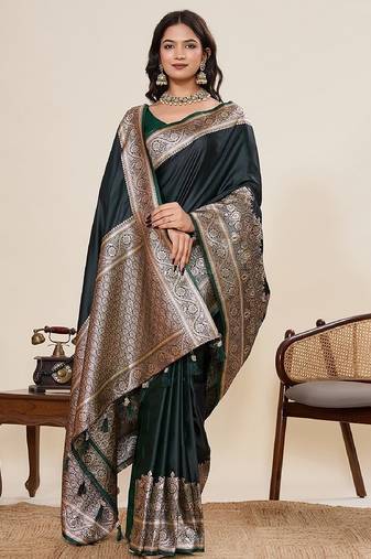 dark green zari work satin saree with blouse
