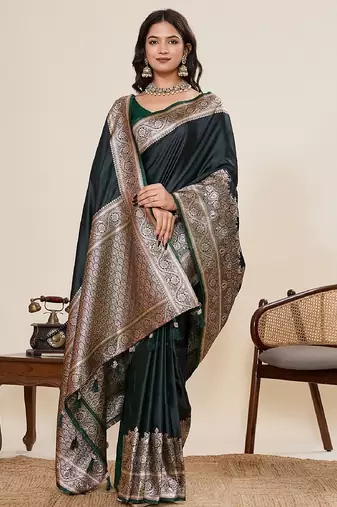 dark green zari work satin saree with blouse
