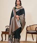 dark green zari work satin saree with blouse