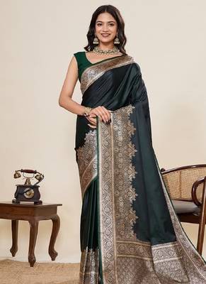 dark green zari work satin saree with blouse 2