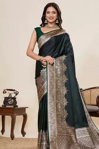 dark green zari work satin saree with blouse