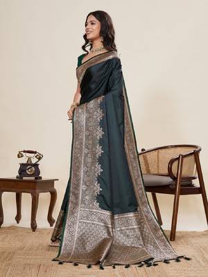 dark green zari work satin saree with blouse 3