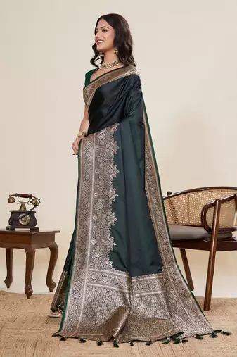 dark green zari work satin saree with blouse
