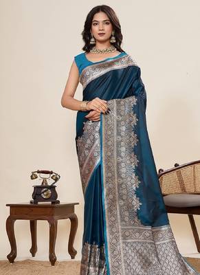 teal blue zari work satin saree with blouse 1