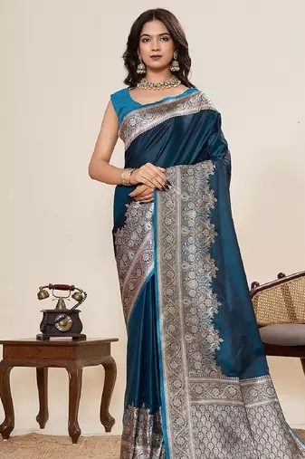 teal blue zari work satin saree with blouse