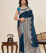teal blue zari work satin saree with blouse