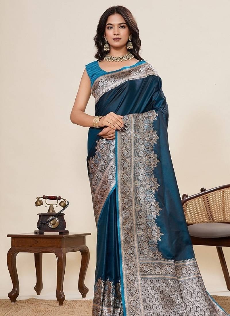 Teal blue zari work satin silk saree with blouse