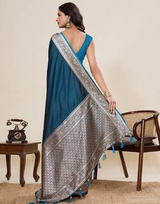 teal blue zari work satin saree with blouse 2