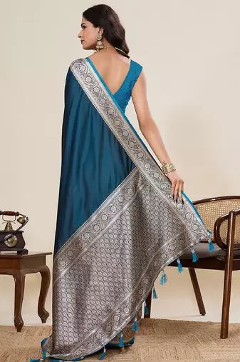teal blue zari work satin saree with blouse