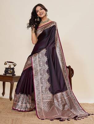wine zari work satin saree with blouse 1