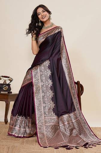 wine zari work satin saree with blouse