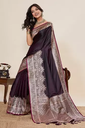 wine zari work satin saree with blouse