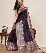 wine zari work satin saree with blouse