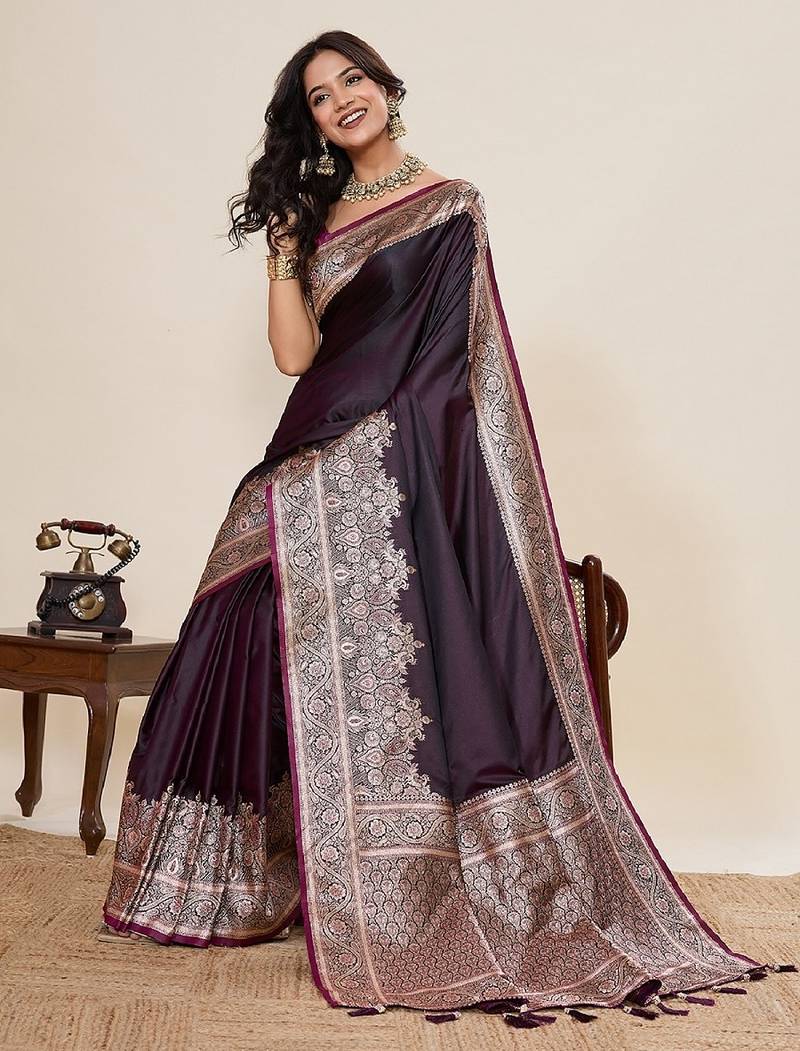 Wine zari work satin silk saree with blouse
