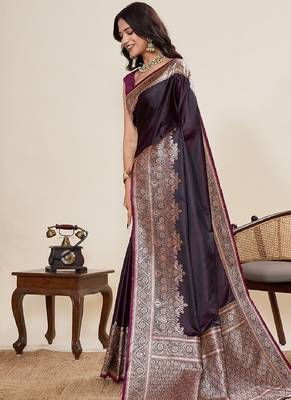 wine zari work satin saree with blouse 2