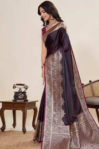 wine zari work satin saree with blouse
