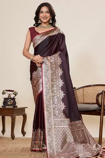 brown zari work satin saree with blouse