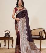 brown zari work satin saree with blouse