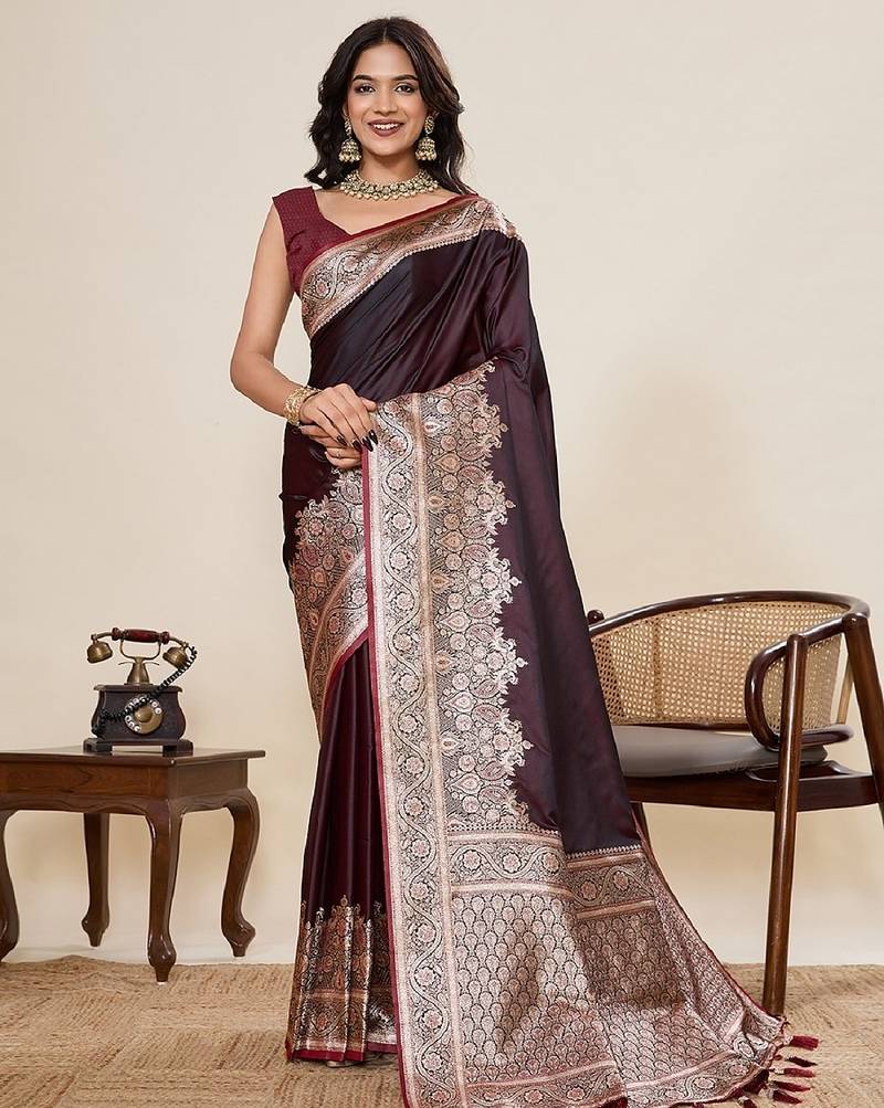 Brown zari work satin silk saree with blouse