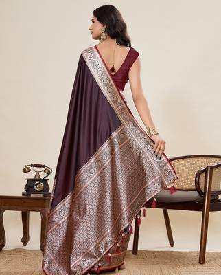 brown zari work satin saree with blouse 2