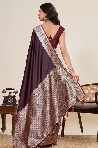 brown zari work satin saree with blouse