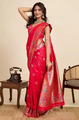 Red zari work jacquard saree with blouse