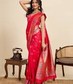 Red zari work jacquard saree with blouse