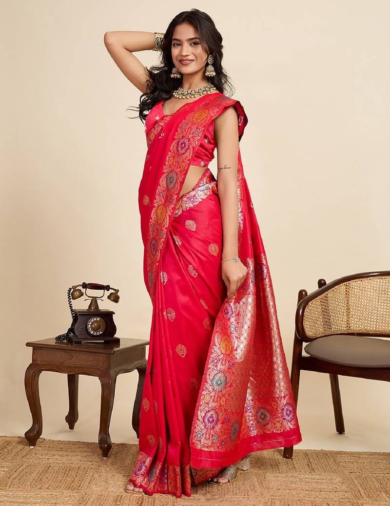 Red zari work jacquard saree with blouse