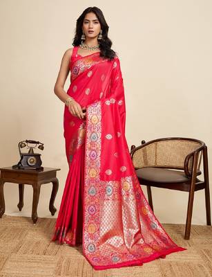Red zari work jacquard saree with blouse 2