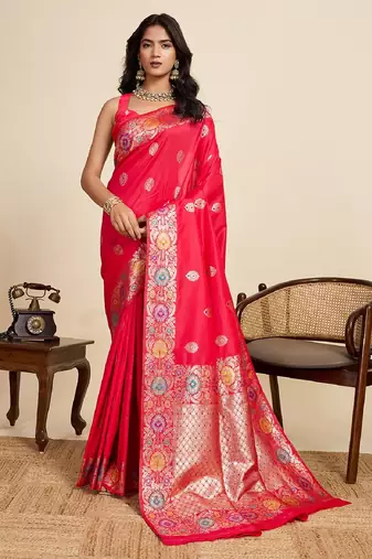 Red zari work jacquard saree with blouse