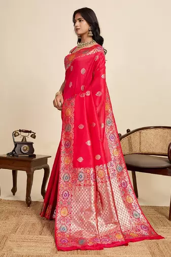 Red zari work jacquard saree with blouse