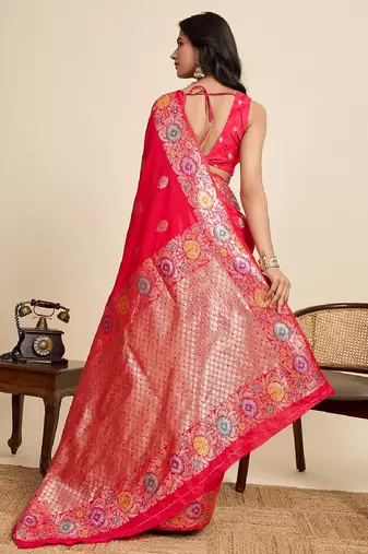 Red zari work jacquard saree with blouse