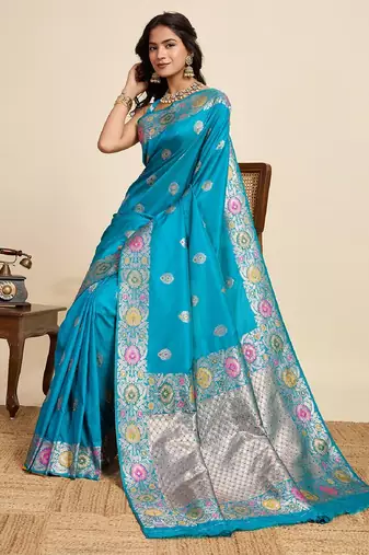 Blue zari work jacquard saree with blouse
