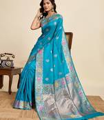 Blue zari work jacquard saree with blouse
