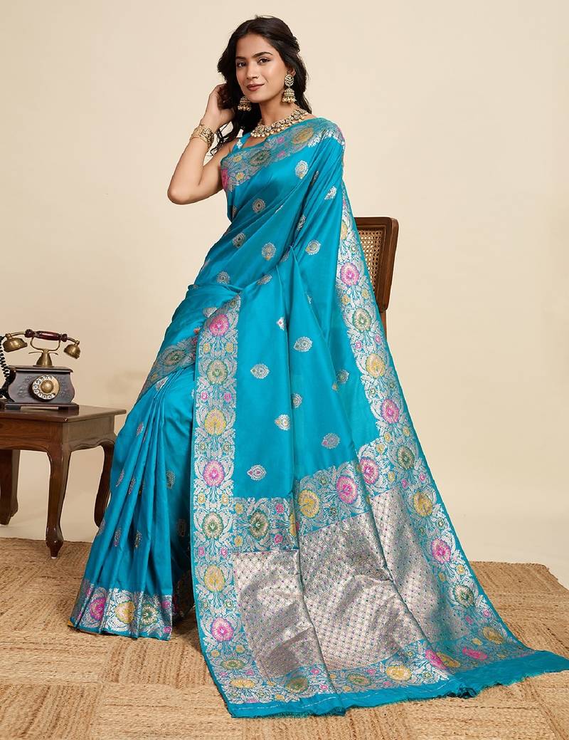 Blue zari work jacquard saree with blouse