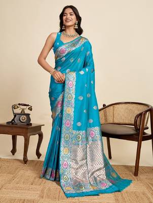 Blue zari work jacquard saree with blouse 2