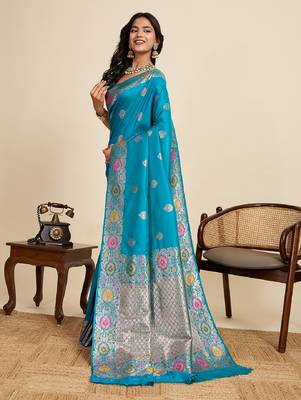 Blue zari work jacquard saree with blouse 3