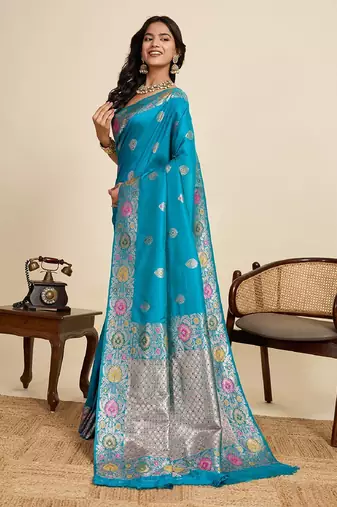 Blue zari work jacquard saree with blouse