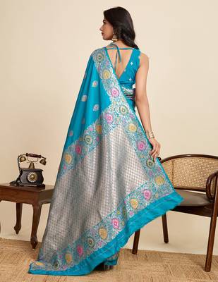 Blue zari work jacquard saree with blouse 4