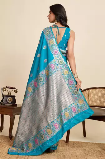 Blue zari work jacquard saree with blouse