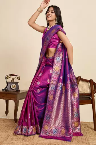 Purple zari work jacquard saree with blouse